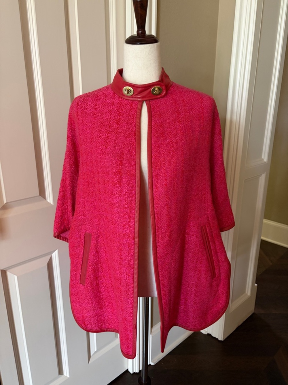 Coach Pink Short-Sleeve Bouclé Sweater Jacket with Leather Trim Small